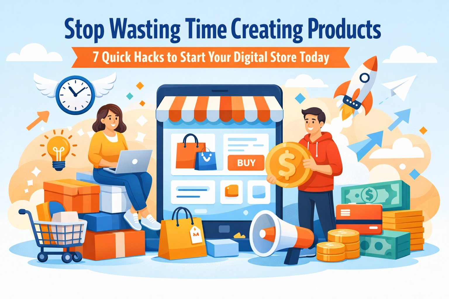 You are currently viewing Stop Wasting Time Creating Products: 7 Quick Hacks to Start Your Digital Store Today